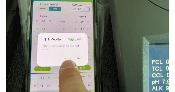 LaMotte waterlink spintouch integration with Orenda App, tap accept on popup to import test results