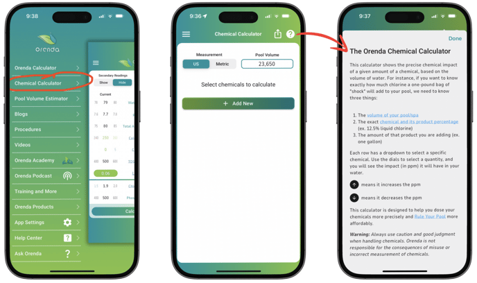 Orenda app Chemiculator screens and instructions