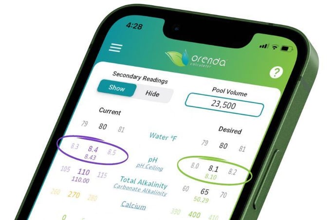 Orenda calculator, pH ceiling, secondary reading, carbonate alkalinity, predict pH in a swimming pool